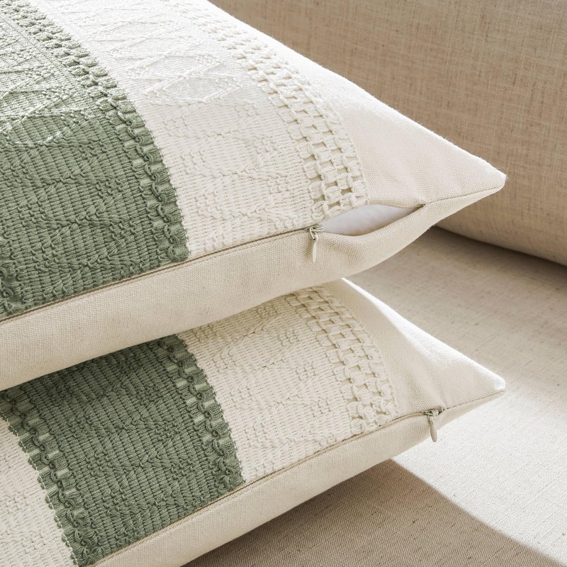 ZeeMart 2 Packs Cotton Boho Throw Pillow Covers 18x18 Inch Contrast Green  Soft Farmhouse Decorative Couch Pillow Cases Sage Green Cushion Covers for Sofa Bed Living Room Home Decor - Image 3